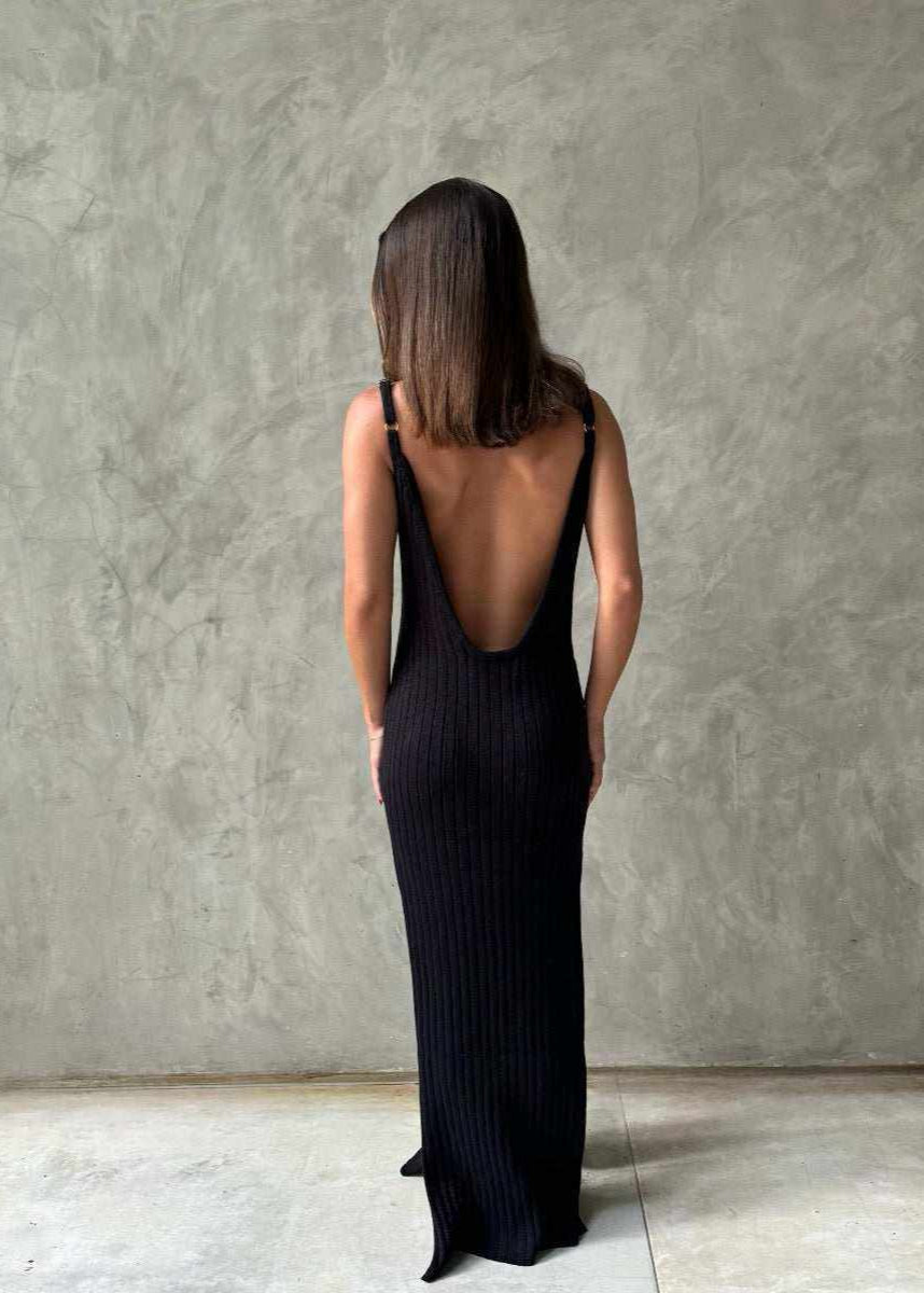 Azure Knit Maxi Dress - Comfortable Backless Ribbed Dress