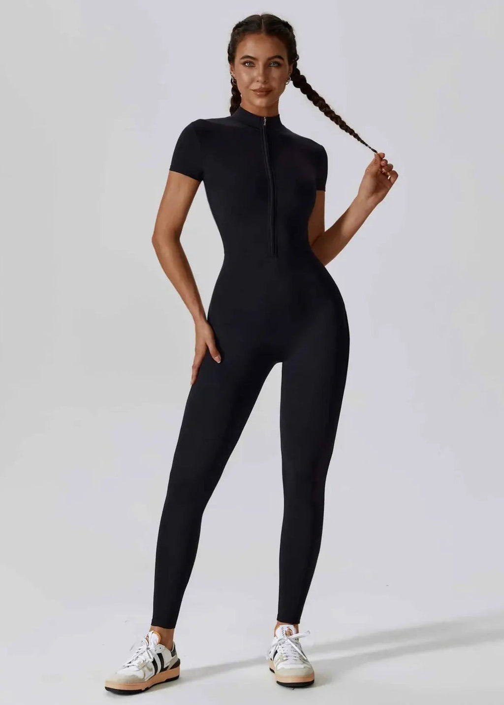 Samara Short Sleeve Black Zip Up Fitted Jumpsuit