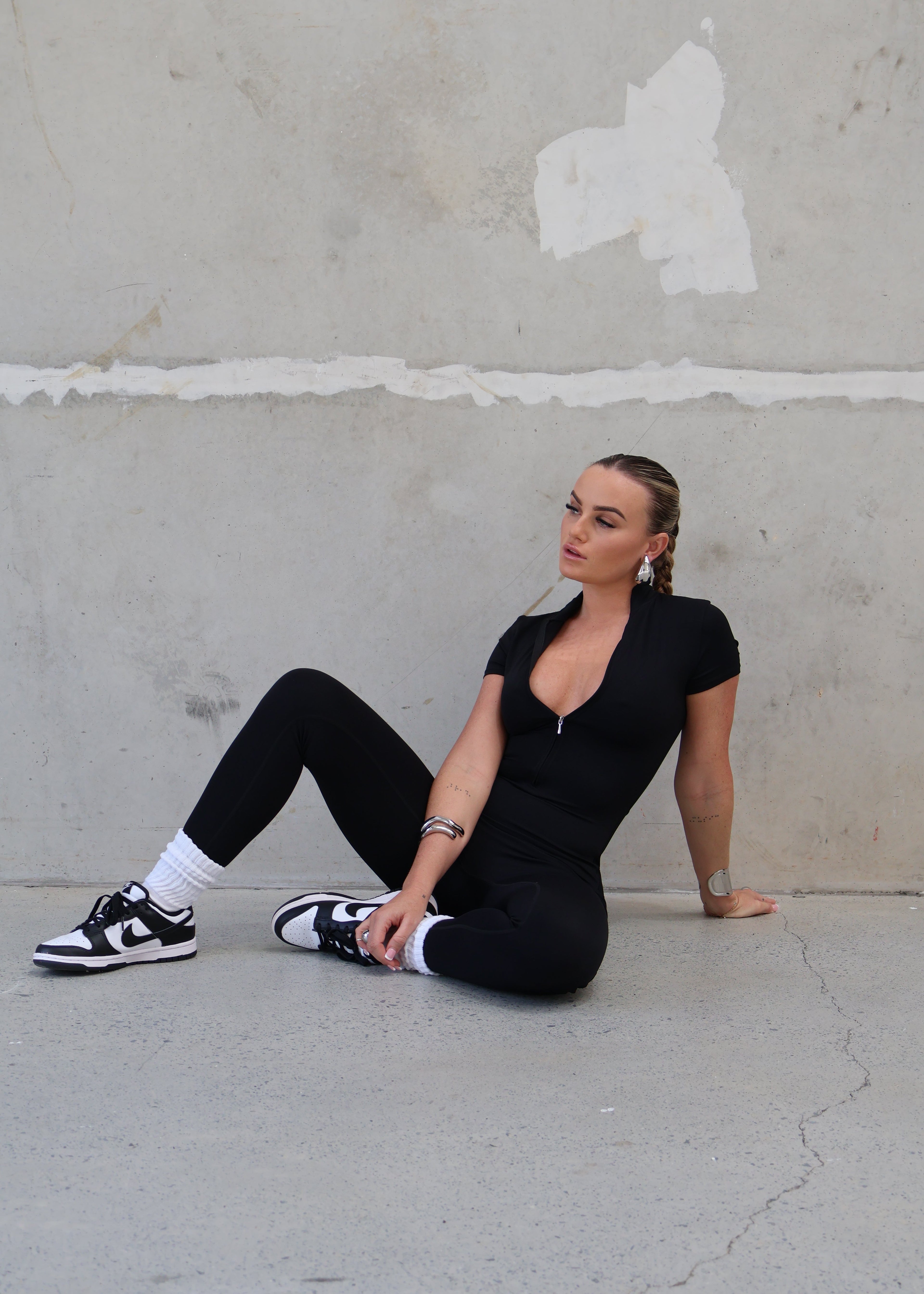 Samara Short Sleeve Black Zip Up Fitted Jumpsuit