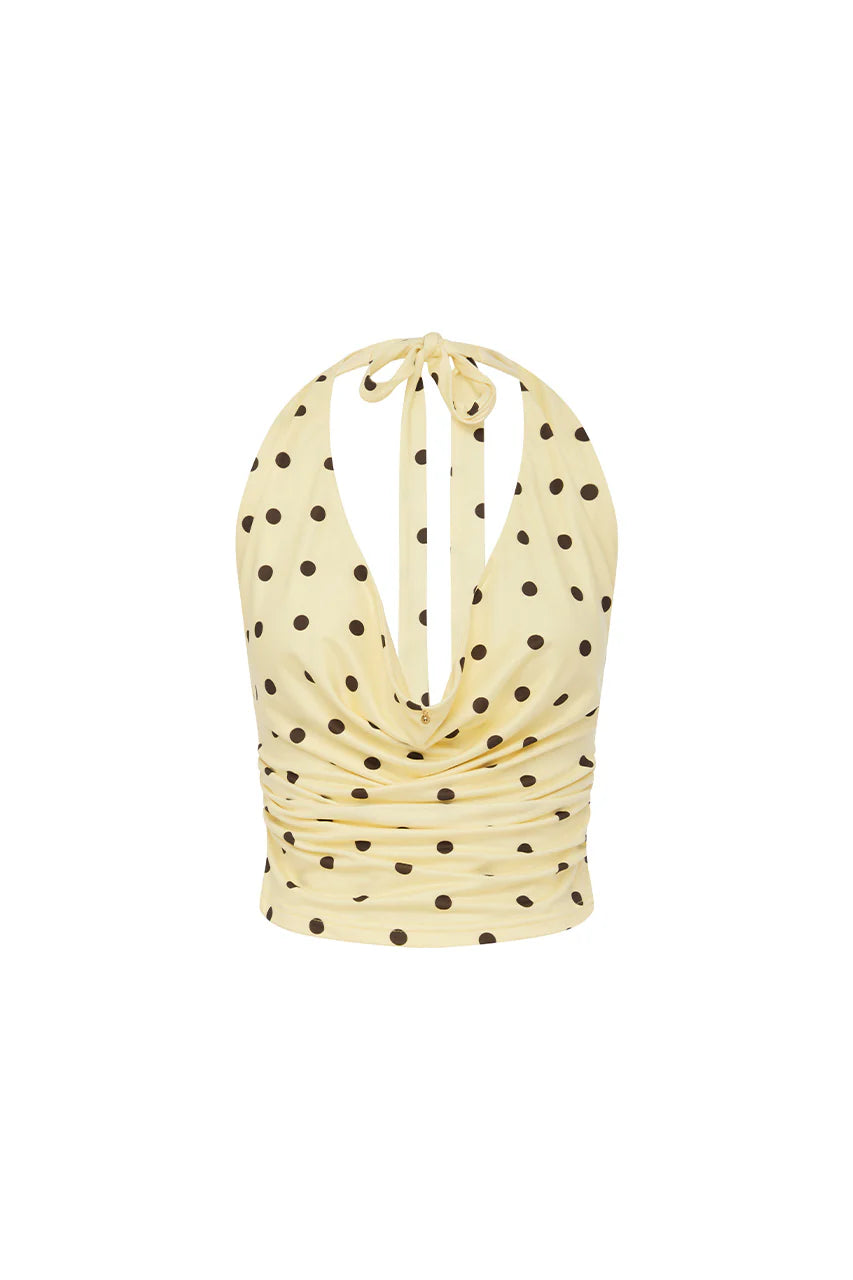 Melody Cowl Halter Top - Lemon/Choc Polka