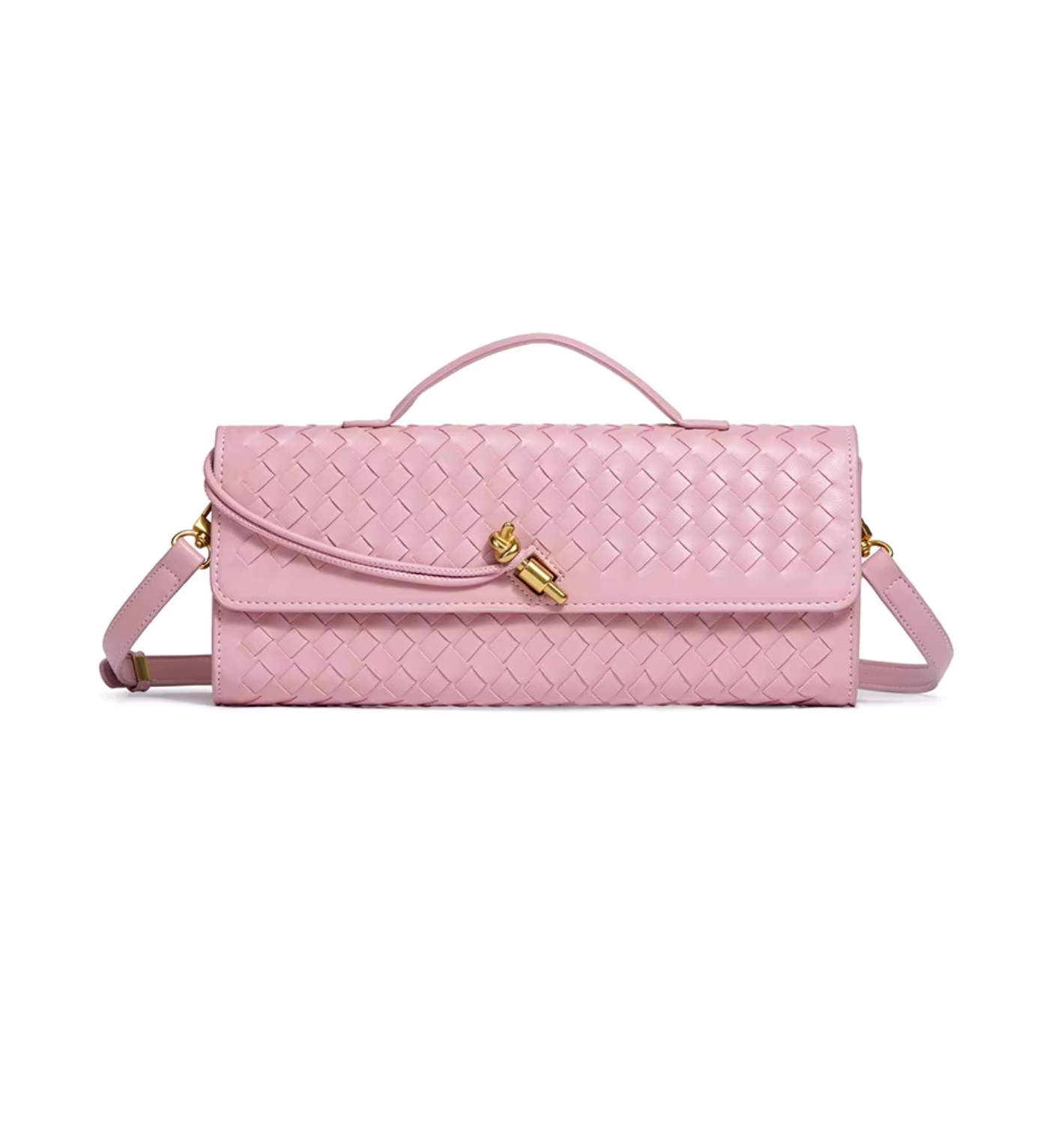 Ebony Woven Clutch in Cherry Blossom Pink with gold hardware – Solana Design
