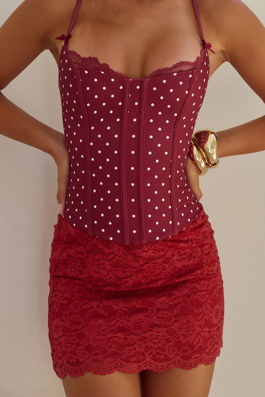 Valerie Lace Trim Bustier  - Wine/White Polka