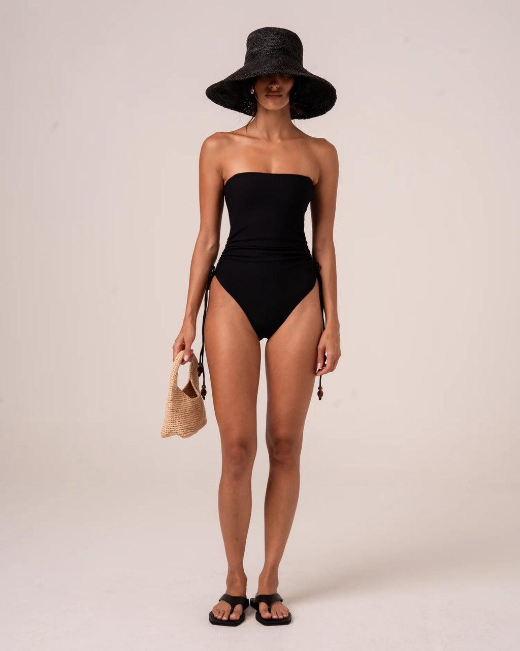 Strapless Ruched Side One Piece - Black Rib