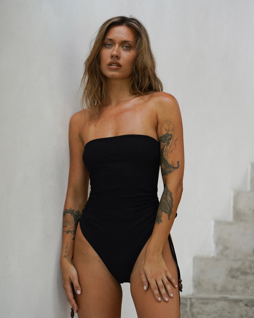 Strapless Ruched Side One Piece - Black Rib
