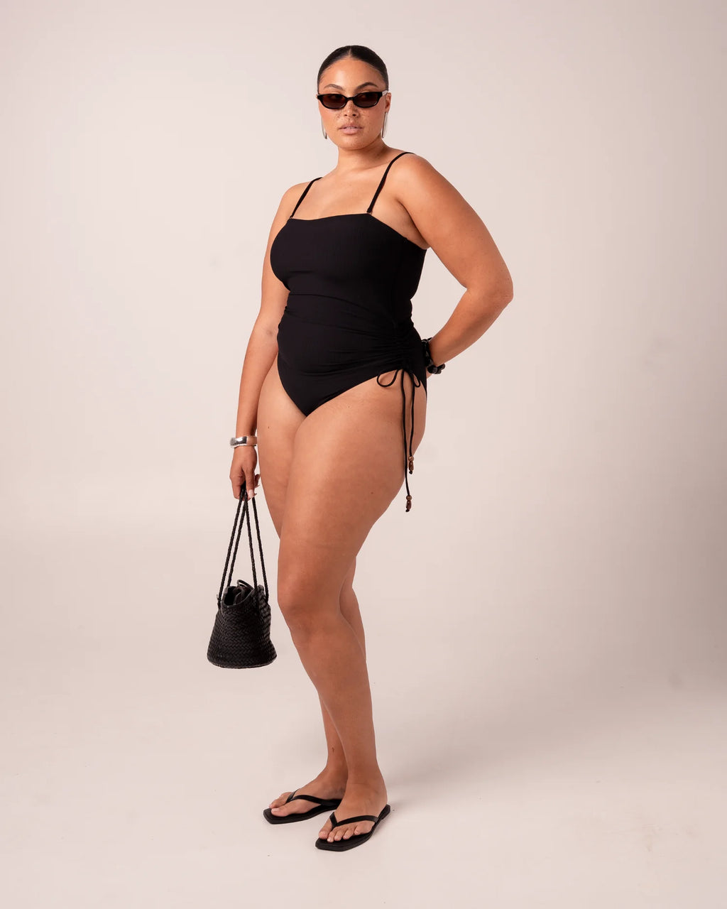 Strapless Ruched Side One Piece - Black Rib