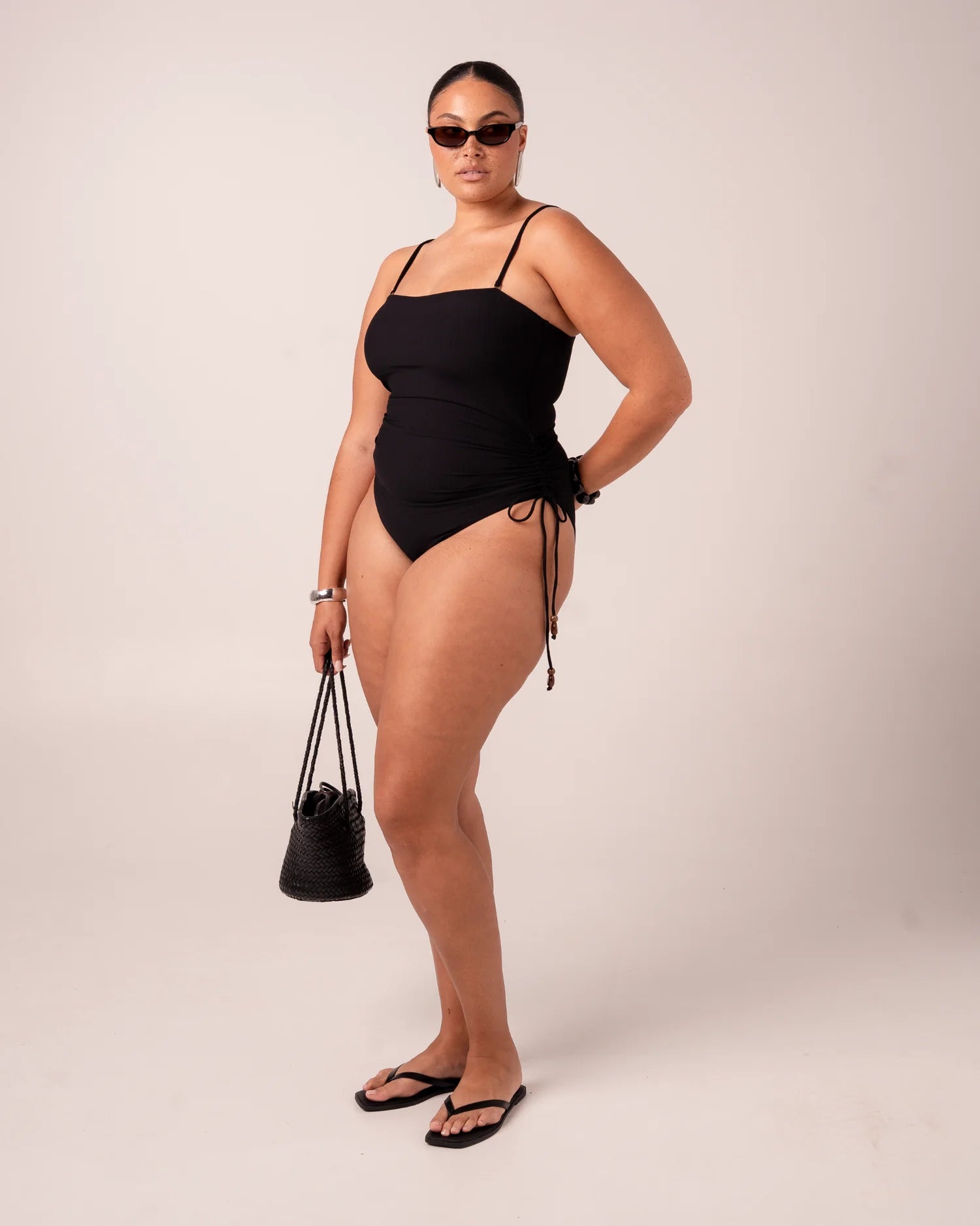 Strapless Ruched Side One Piece - Black Rib